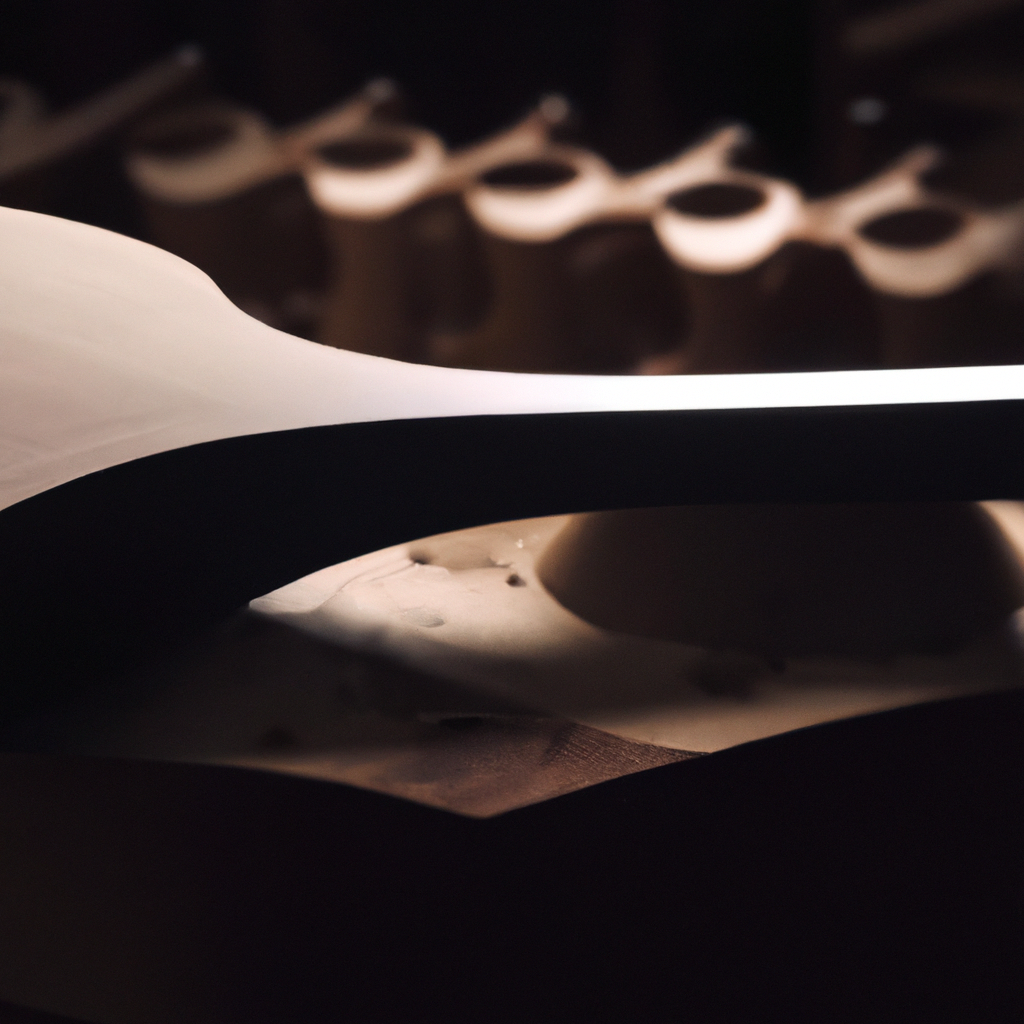 Atelier de lutherie, table de guitare en bois massif, lumière chaleureuse.